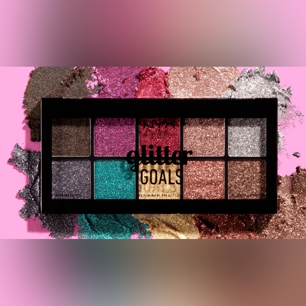 Lot 3pc NYX Glitter Goals Eyeshadow Palette Brush Gold Body Glitter Festival NWT - Picture 2 of 8